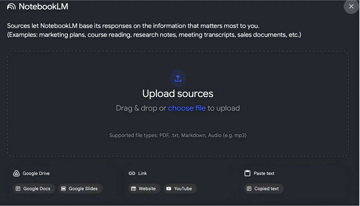 Source management — upload PDFs, YouTube videos, Google Docs, and websites